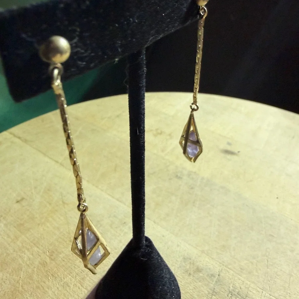 Amethyst Crystal Point Cage Drop Earrings Gold Tone Witchy Whimsigoth Pagan Gift